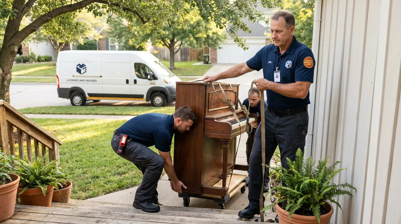 Licensed piano movers securing grand piano in Endicott, NY