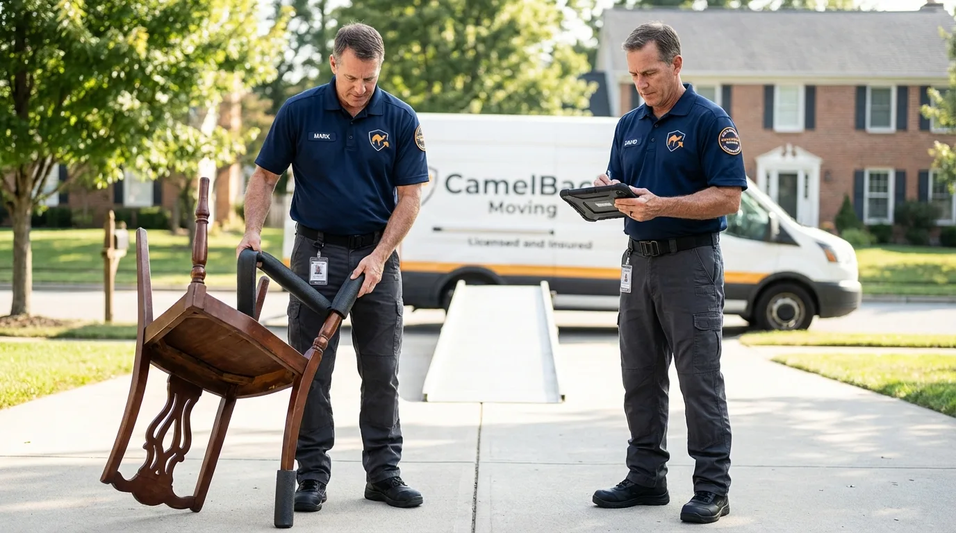 Movers inspecting furniture for damage prevention before loading in Endicott, NY